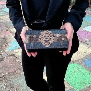 Black Gold Lion Crystal Stadium Bag Crossbody Shoulder Waist + Belt Clutch Leo